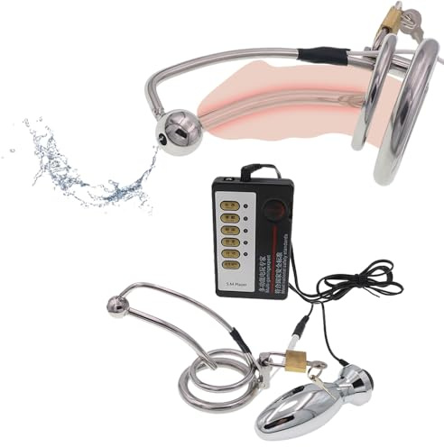 NAIXBTY SM Elektro Shock Edelstahl Analplug Keuschheitskäfi Harnröhren Dilator Metall Elektrische Stimulation Buttplug Penisplug Sex Toys Mit Host Device E-Stim Set Sexspielzeug für Männer (Ring:45mm)