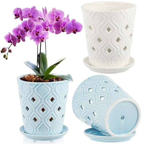 RattanView 2 macetas de cerámica para orquídeas de 5 Pulgadas con Agujeros y platillo, para trasplantar en Interiores y Exteriores, promueve el Drenaje del Flujo de Aire, Azul y Blanco