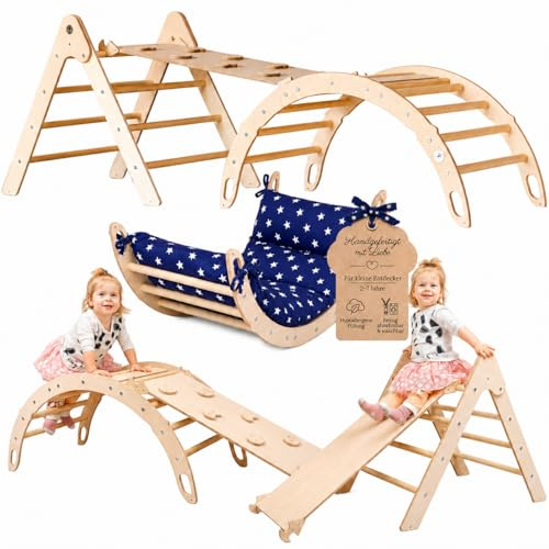 WoodsCraft 3in1 Set: Kletterdreieck, Kletterbogen & Rutsche/Kletterrampe | mit hypoallergen Kissen für Kletterbogen, holz Montessori Klettergerüst indoor, Babyrutsche, Klettern Baby & Kinder