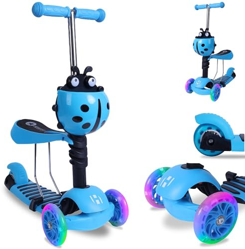 Habib Gruppe 3-in-1 Kinderroller für Jungen und Mädchen - Abnehmbarer Sitz, LED-Räder, Höheverstellbarer Lenker, Tretroller - Kinder Roller Outdoor Spiel, für 2-8 Jahre Kinder - Blau
