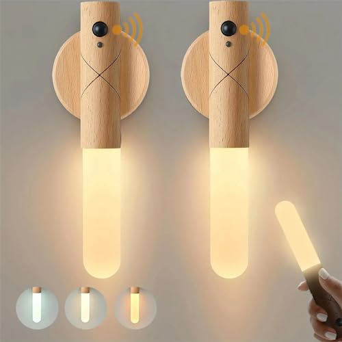 USB Aufladbar Dimmbar Wandleuchte Holz Innen mit Bewegungsmelder Induktions Akku LED Wandlampe Kabellose Tragbare Magnetische Bettlampe Wohnzimmer Schlafzimmer Treppenhaus Flur (Eschenholz,2 Stück)