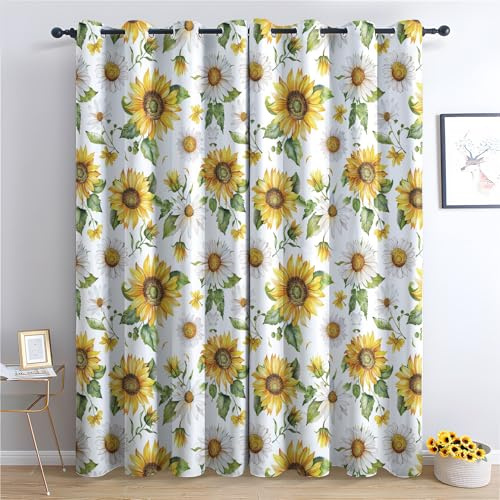 Vorhänge Sonnenblumen, Verdunkelungsvorhang 2er Set - Vorhang Blickdicht Gelb Floral Botanisch Muster, Thermovorhang für Deko Wohnzimmer Schlafzimmer, Gardinen mit Ösen 175x140 cm (HxB) (Kl-&197)