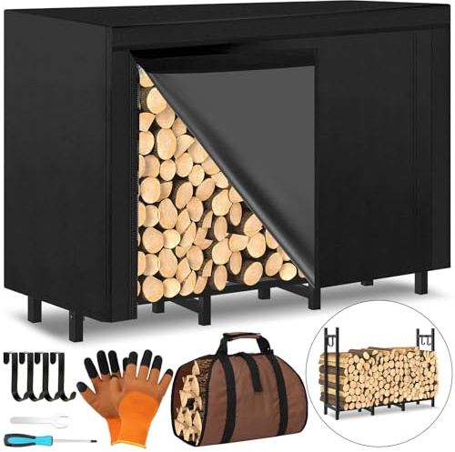 Kaminholzregal für den Außenbereich, 122 cm, Holzaufbewahrung mit 600D wasserdichter Oxford-Abdeckung, strapazierfähig, 8 Beine, Kaminholzhalter, für den Innenbereich mit Holzträger, Handschuhen und
