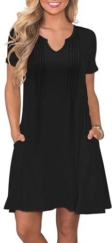 PLOKNRD Vestido Mujer Verano Plisado Cuello V Manga Corta Estilo Camiseta con Bolsillos Elegante Casual