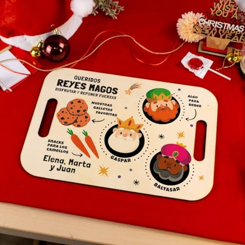 DEREGALOOS Bandeja Navidad Personalizada con Nombre. Diseño de Papá Noel o Reyes. Regalo Original para Niños. Ideal para Desayuno Navideño en Madera Natural (Diseño 2, Rectangular Pequeña)