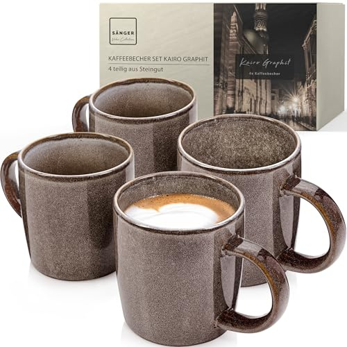SÄNGER Kairo Graphit | Kaffeebecher 4 teilig, Steingut Tassen Set für 4 Personen, Tassen, spülmaschinen-mikrowellenfest, Coffee Mug Teetasse, Kaffeetassen Mocha Braun 400 ml | VALUE COLLECTION