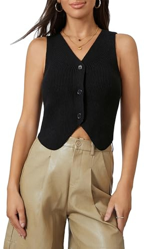 Women Knitted Waistcoat Vest Solid Color V-Neck Sleeveless Button Down Lightweight Sweater Retro Thread Knitwear Streetwear (A-Black, L)