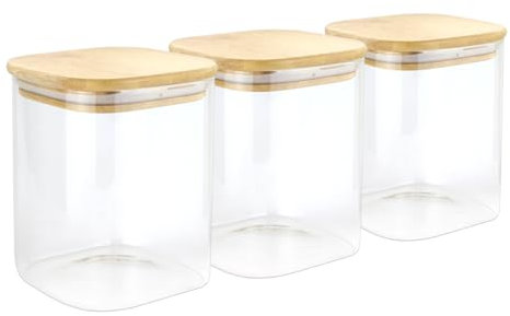 GLIBBUL Glasdosen mit Bambusdeckel, stapelbar, für Tee, Kaffee, Zucker, 3 x 750 ml, Lebensmittelbehälter, Kekse, Nudeln, Salat, Spaghetti, Gewürze für Küche, Speisekammer, Mahlzeiten, Vorbereitung,
