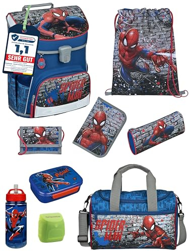 Familando Jungen Schulranzen 1. Klasse · Scooli Campus Fit Schultasche · ergonomisch & leicht · Schulranzen Set für Jungs und Mädchen (9-teiliges Set mit Sporttasche, Spiderman Blau)