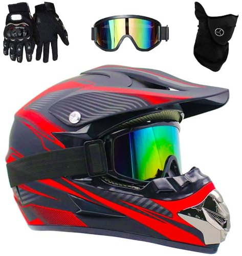 Professionelle Racing Motocross Helm, 4 Pack Helmbrille Handschuhe Set Sicherheit Dirt Bike Off Road Motorradhelm für Erwachsene Kinder Mountain Road Cycling(Red Lines,L(56-57cm))