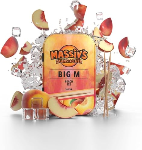 Massiv’s Zahnstocher - Palillos con sabor - BIG M Peach Ice - 100 palillos con sabor - Aliento fresco - Caja metálica estilizada - Vegano, Sin azúcar - higiene bucal - contra morderse las uñas