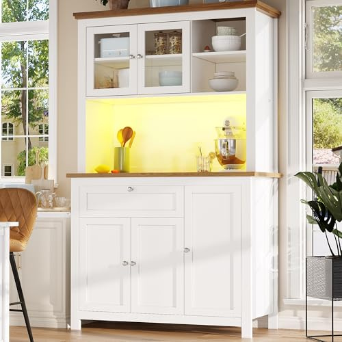 Gxffipw Küchenschrank mit Verstellbaren Ablagen und LED-Beleuchtung, Buffetschrank Hochschrank mit Weinregal und 3 Schubladen, Küchenschränke mit Arbeitsplatte, Küchenmöbel, Weiß, 104×40×180 cm