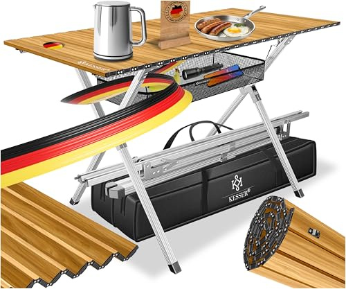 KESSER® Campingtisch faltbar Klapptisch mit Aluminiumrahmen Aufrollbare Tischplatte Falttisch klappbar 145x70x70cm bis 100kg inkl. Tragetasche mit Trageband & Netztasche, Holz-Optik