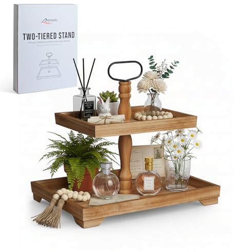 Boiarc Rustic Wooden 2 Tiered Tray Stand, Farmhouse Tiered Serving Tray Decor, Rectangle Wood Display Stands for Food Fruits Cupcake and Seasonal Festive Decorations (Brown)