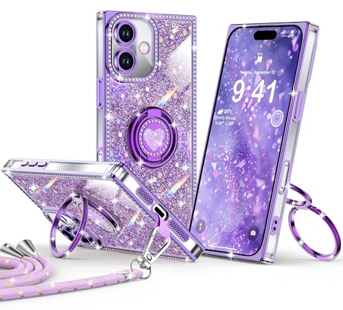 XYZ Glitzer Hülle für iPhone 16 mit Band, Lila