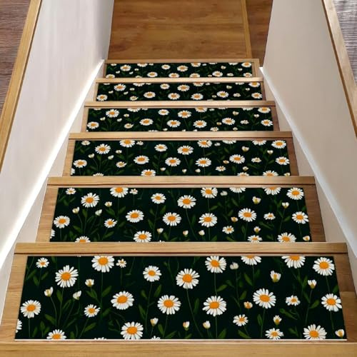 Luoweisi Tappetini per scale in legno, motivo floreale con margherite, confezione da 15 pezzi, 76,2 x 20,3 cm, antiscivolo, per interni, per cani, bambini, anziani, con adesivo riutilizzabile