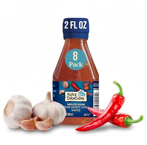 Blue Dragon Mini Reduced Sugar Thai Sweet Chili Sauce – No Artificial Flavors – Made with Red Chilies & Garlic – Vegan, Gluten Free Dipping Sauce – Ideal for Marinades & Stir Fry – 2oz (Pack of 8)