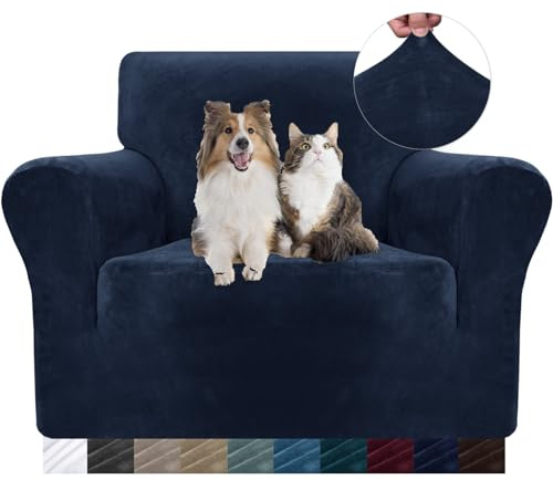 YSTELLAA Samt Sofa Überzug 1 Sitzer, Stretch Sesselhusse Universal, Sofaschoner rutschfest, Sofa Covers Mit Armlehne, Couch Bezug Schutz Katze, Waschbare Couchschoner, Dunkel Blau
