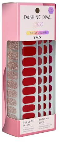 Dashing Diva Gloss Nail Strips 5-in-1 Kit - Best of Reds - UV Free, Chip Resistant, Long Lasting Gel Nail Stickers - Contains 110 wraps, 5 prep pads, 2 nail files
