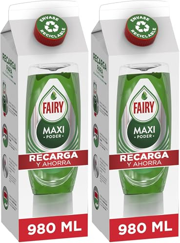 Fairy Maxi Poder Recambio Cartón Lavavajillas Líquido 980 ML, Recambio Fácil, Limpieza Sin Esfuerzo, Incluso En Las Ollas Y Sartenes Más Grasientas (Paquete de 2)