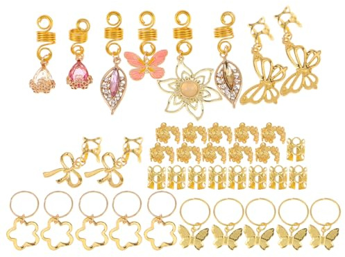 LOORGVEL 40pezzi Pz Clip Capelli Metallo per Dreadlock e Trecce Accessori Ciondolo Farfalla Perline Decorative Fermagli per Capelli per Uomo e Donna Dorato