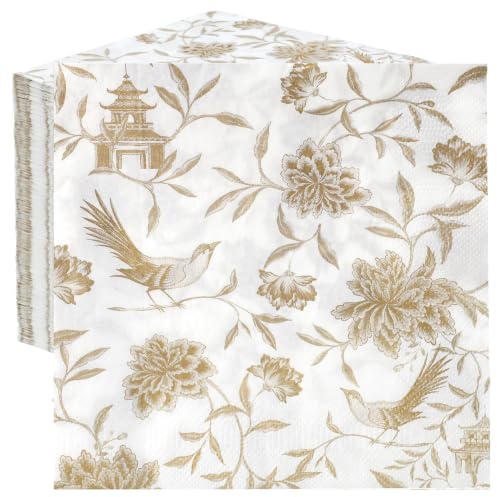 Table Fun 100 x Bulk Pack Soft Gold Chinoiserie Paper Napkins | 2ply 13 | Gold Disposable Party Serviettes for Birthdays, Elegant Wedding Napkins, Pretty Tableware for Anniversaries and Tea Parties