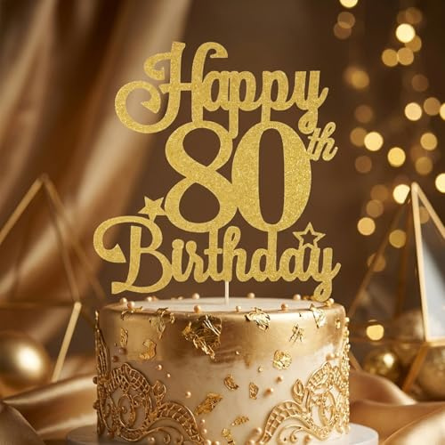 80th Birthday Cake Topper - Gold Happy 80th Birthday Decorations with Stars - Food Grade Bamboo Stick - Elegant Adult Party Cake Decoration (1 Pack)