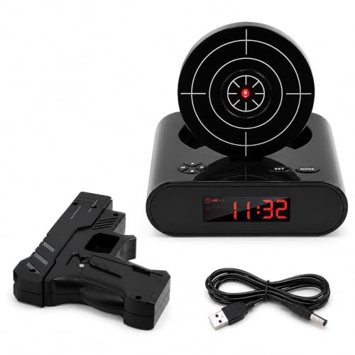 Väckarklocka med pistol och målskiva, kreativt målalarm väckarklocka med 2 alarmlägen, anpassningsbara ringsignaler och inspelningsfunktion, LED-display digital intressant vapenväckarklocka för