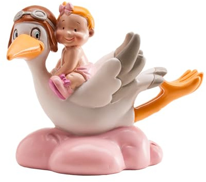 dekora - Christening Decoration, Cake Decoration, 10 cm, Baby Girl with Pink Flying Stork, Baby Shower Cake Topper