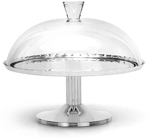 SWEET HOME Varotto & Co. Alzata per Dolci e Frutta Argentata con Campana in Vetro Stile Cannettato Ottone Argentato Lucido Made in Italy cod.AD11531SP cm 26,5h diam.32