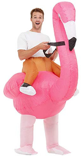 Amakando Lustiges Trag-Mich-Kostüm Flamingo mit Gebläse/Rosa-Weiß/Reitkostüm Vogel für Erwachsene/Bestens geeignet zu Straßenkarneval & Fastnacht