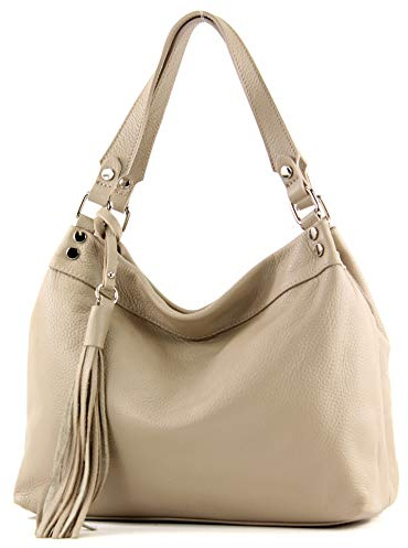 modamoda de T201 Damen Leder Schultertasche Handtasche handmade in Italy, Farbe:Graubeige