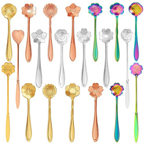 20PCS Blumenlöffel Set, PUDSIRN Edelstahl Teelöffel Kaffeelöffel Zuckerlöffel, wiederverwendbares Geschirr Rührlöffel Eislöffel für Kaffee, Tee, Kuchen, Dessert, mehrere Formen (4,9 & 7 Zoll)