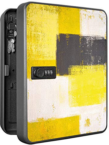 banjado Burg-Wächter abschließbarer Schlüsselkasten für 36 Schlüssel/Schlüsselkasten mit Zahlenschloss 24x30x8cm groß/Schlüsselschrank aus Stahlblech schwarz/Motiv Abstrakt Gelb