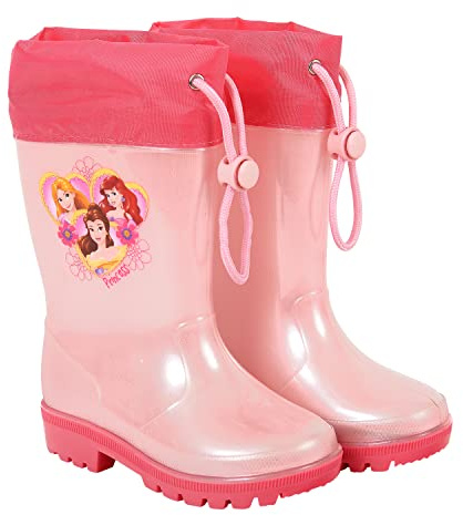 PERLETTI Bottines de Pluie Princesses Disney Enfant - Petites Bottes Imperméables Fille - Imprimé Belle Raiponce Ariel avec Cœurs - Semelle Antidérapante Rose et Cordon (Rose Clair, 28/29 EU)