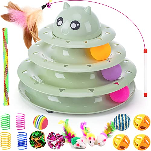 Pawsayes 17 Stück Katzenspielzeug Interaktives Katzenspielzeug für Indoor Katzen 3 Schicht Türme Rollenbahnen Katzen Teaser Spielzeug mit Feder Katzenspielzeug, Katzengras, Ball, Glocke, Mausfeder