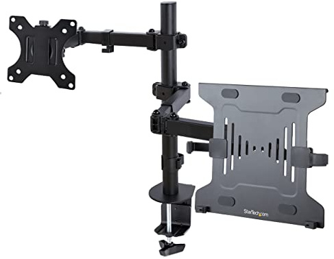 StarTech Monitorarm mit Laptop Ablage 32 Zoll, 8kg (A2-LAPTOP-DESK-MOUNT) | VESA, Notebook 4, 5kg, Schwarz, Verstellbar, C-Klemme, Durchführungsmontage, Neigbar