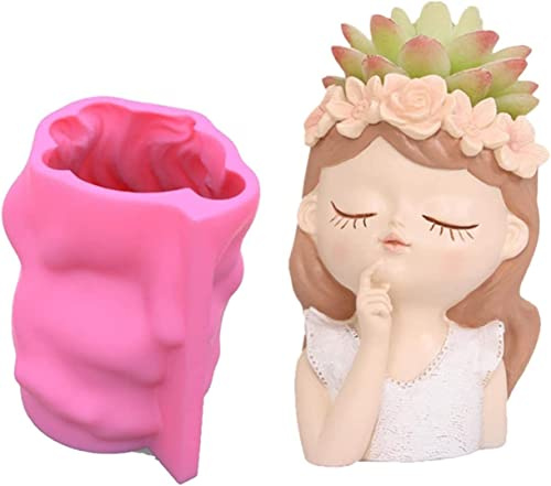 RZXBB Molde de silicona para maceta, jarrón de silicona, molde de resina epoxi, molde de hormigón para flores, maceta de cabeza de niña 3D, forma de flor suculenta, moldes de resina (B)