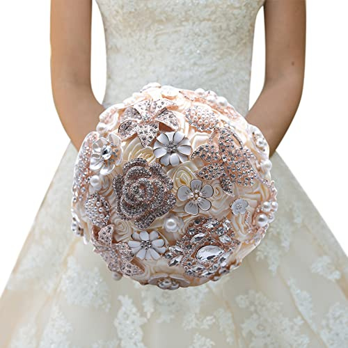 URFEDA Bouquet da sposa artificiale bouquet rose in cristallo rosa fiori in seta bouquet da sposa finto bouquet di fiori per matrimonio casa festa decorazione centrotavola rosa