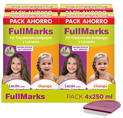 Full Marks Kit Tratamiento Antipiojos para Niños, Elimina los Piojos, Contiene Loción 100 ml, Champú Post-Tratamiento 150 ml y Lendrera Metálica, Pack ahorro x4