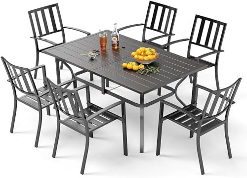 PHIVILLA 7-teiliges Gartenmöbel Set Gartentisch und Stühle Metall für 6 Personen Balkonmöbel Wetterfest, 152cmx96cm Rechteckiger Gartentisch mit 6 Gartenstühle für Balkon,Terrasse Deck,Hof