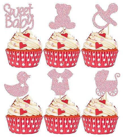 Gyufise 36pcs Sweet Cupcake Toppers - Glitter Pacifier, Bear, Carriage, Cake Picks - Pink Gender Reveal Baby Shower Decorations