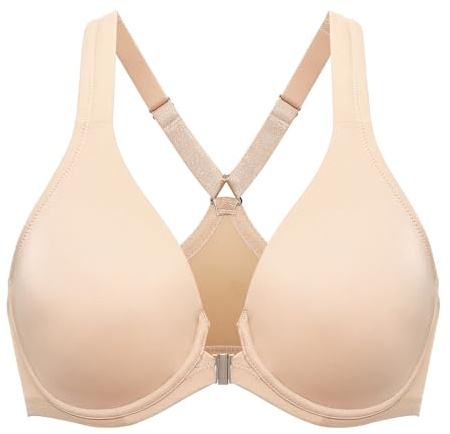 Delimira Women's Front Fastening Bras Seamless Unlined Racer Back Plus Size Underwired Plunge Bra Taupe Tan 38G