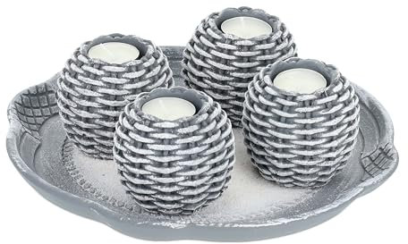 Relaxdays Portavelas, Set con Bandeja, 4 Candeleros y Arena Decorativa, Centro de Mesa Salón, Velas, Gris y Blanco