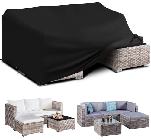 PATIO PLUS Garden Furniture Cover With PU Coating， Garden Table and Chairs Set Cover Waterproof，Windproof, Anti-UV, 600D Oxford Fabric Outdoor Patio Table Covers Rectangular 250x200x90cm Black