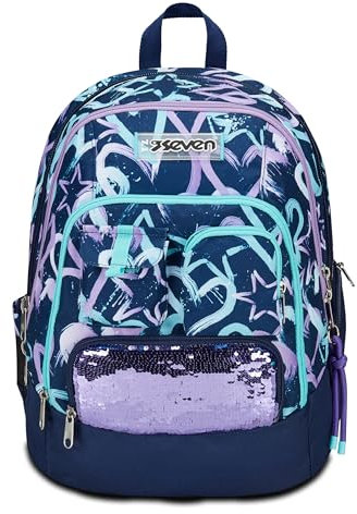 SEVEN Schulrucksack Advanced, Violett Blau, Crystal Purple, Doppelrucksack mit Tasche für PC oder Tablet, Tasche für Trinkflasche und Organizer, Rucksack für mittlere und obere Schulen, Mädchen,