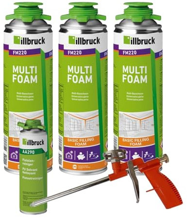FM220 Bauschaum Montageschaum Pistolenschaum Multischaum Fensterschaum hohe Schalldämmung Wärmedämmung 500ml Kombisets (mit Reiniger AA290 + Schaumpistole Compact, 3x 500ml)