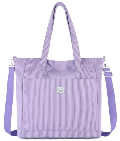 VASCHY Corduroy Tote Bags for Women, Casual Lightweight Large Shoulder Bag with Zipper Pockets Ladies Purse Bag for Work/Travel/Shopping,Purple