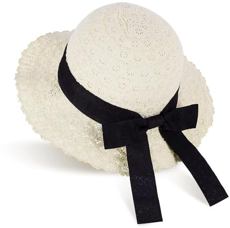 GNEGNI LIFE Straw Sun Hat Girls, Foldable Summer Beach Hat for Kids 2.8 inch Wide-Brim Sun Hat with Bowknot Floppy Portable Visor Hats for Holiday, Travel 2-5 Years Old (Lace Beige)