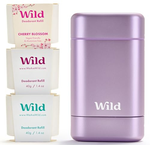 Wild Aluminium Free Natural Deodorant Starter Kit - Refillable Purple Case - Natural Ingredients & 24 Hour Odour Protection - Women's - Fresh Scents Variety Pack - Case + 3 Refills